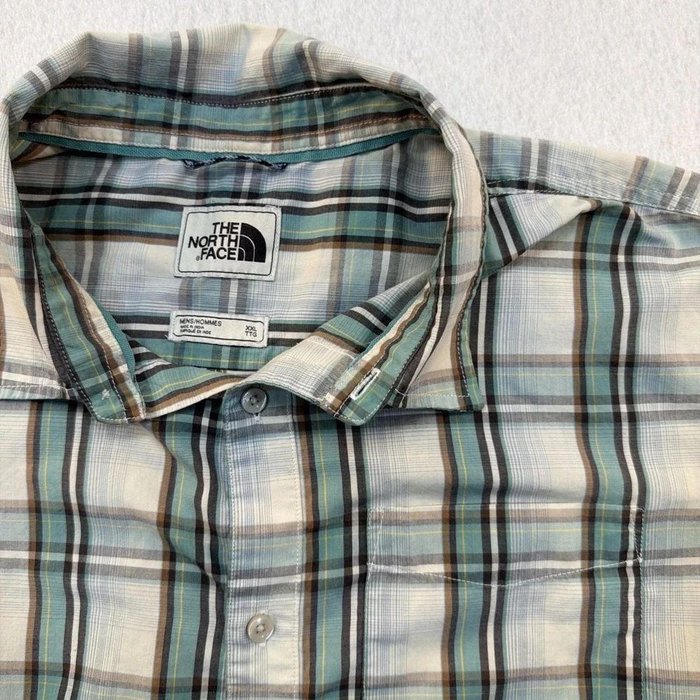 The North Face Shirt‎ Mens 2XL Outdoor Hiking Button Up Green Plaid Short Sleeve